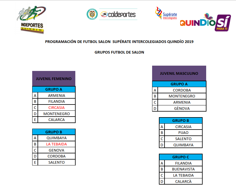 PROGRAMACIÓN DE FUTBOL SALON SUPÉRATE INTERCOLEGIADOS QUINDÍO 2019