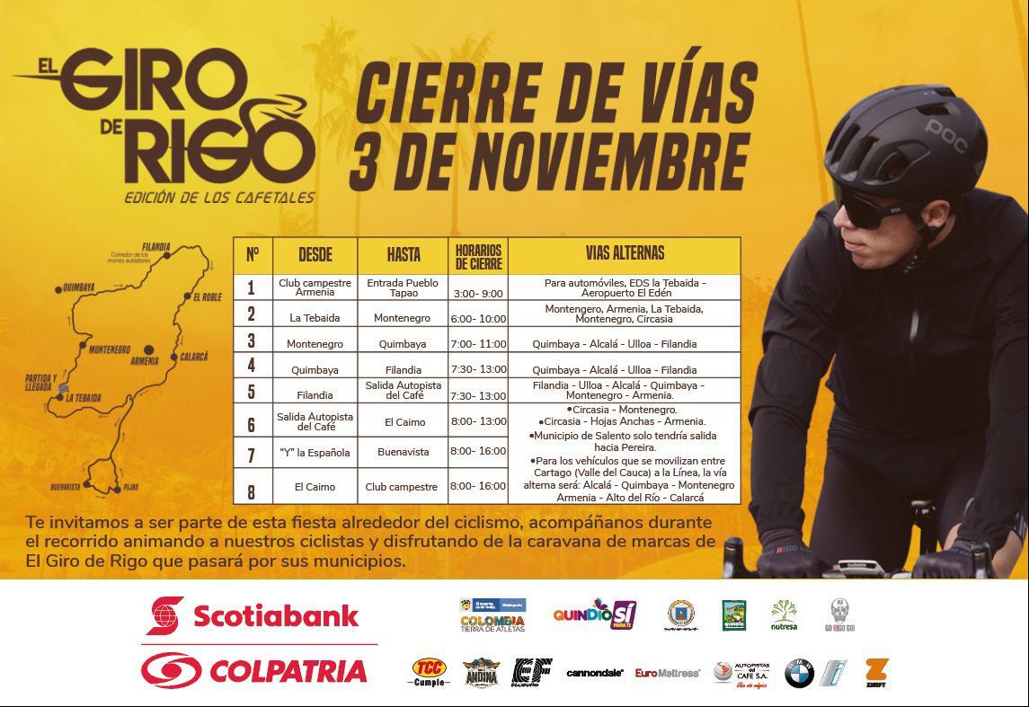 EL GIRO DE RIGO SE TOMARÁ LAS VÍAS QUINDIANAS EL PRÓXIMO DOMINGO 3 DE NOVIEMBRE: ATENTO A LOS CIERRES VIALES