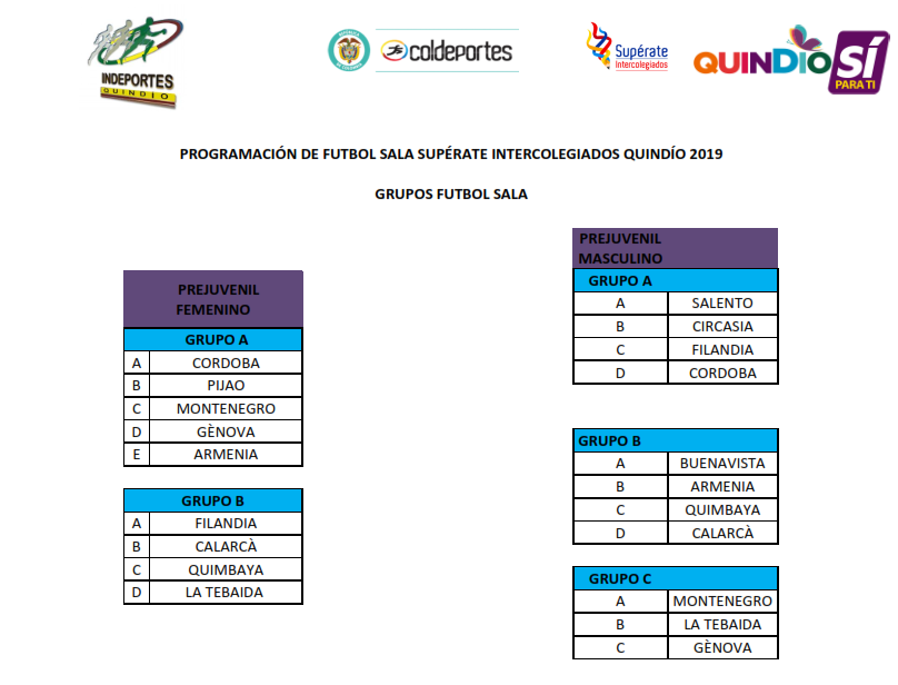 PROGRAMACIÓN DE FUTBOL SALA SUPÉRATE INTERCOLEGIADOS QUINDÍO 2019